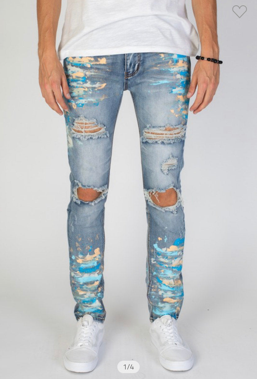 RIPPED JEANS W/MULTI PAINT SPLATTER